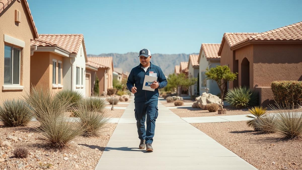Mail carrier delivering mail along a residential street in a desert Flagstaff Arizona neighborhood