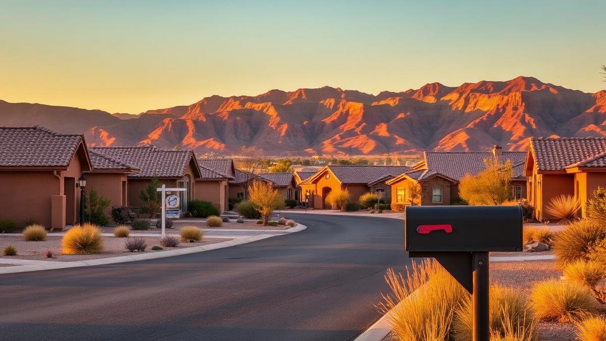 Residential street of desert-landscaped Flagstaff Arizona homes with mailboxes at sunset